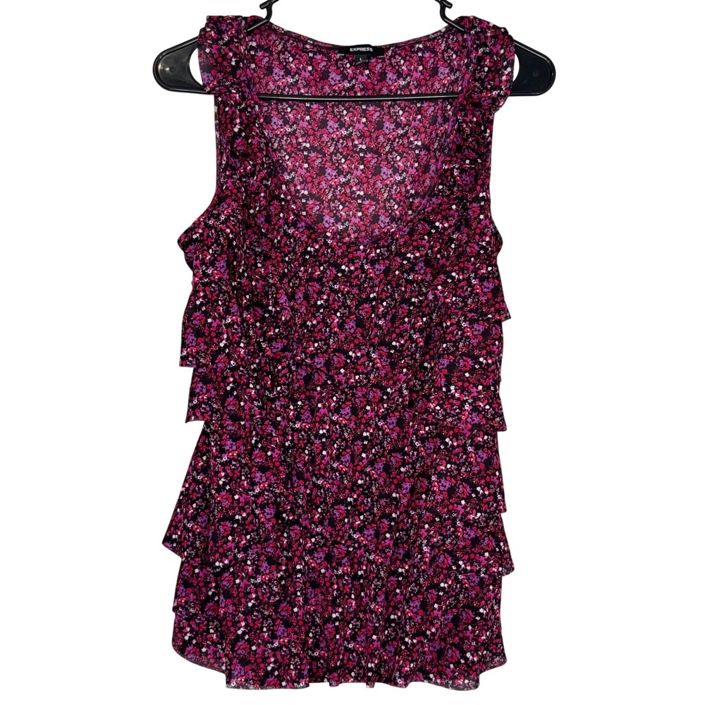 Express Pink Purple Ditsy Floral Print Ruffled Scoop Neck Y2K Style Tank Top L